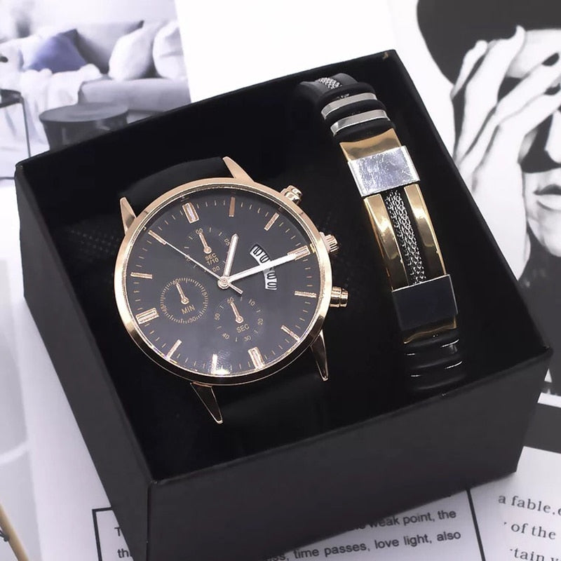 Elegant Watch Leather Bracelet Gift Set - Image 0