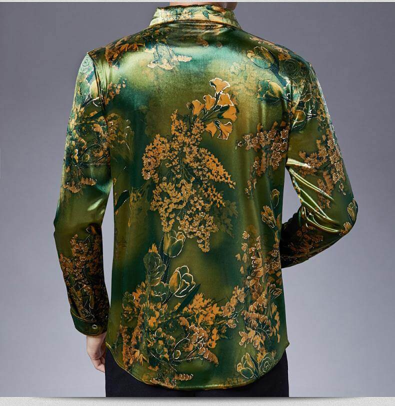 Stretch Velvet Flower Long Sleeve Men Shirt - Image 1