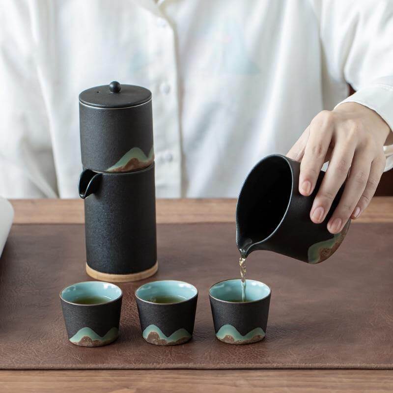 Portable Travel Ceramic Mountain Teapot With 3 Cups - Image 2