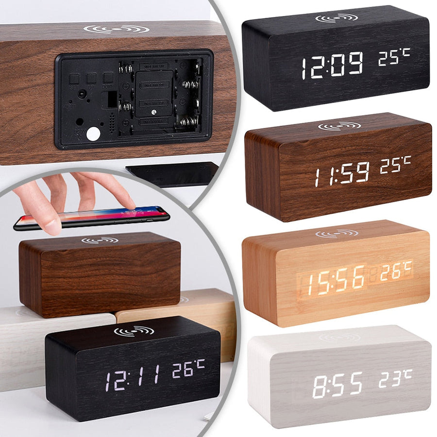 Modern Wooden Wireless Charging Alarm Clock - Image 1