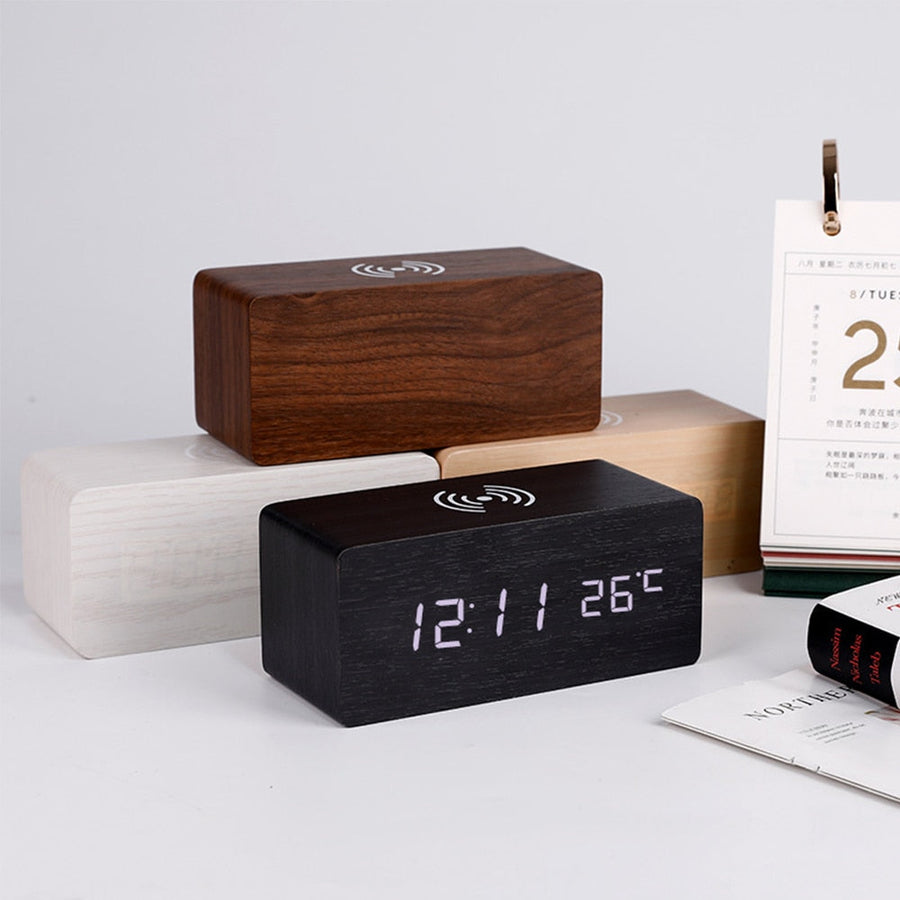 Modern Wooden Wireless Charging Alarm Clock - Image 0