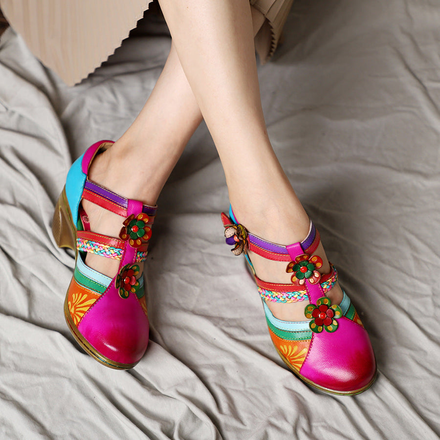 Retro Leather Flower Hollow Out Sandals - Image 0
