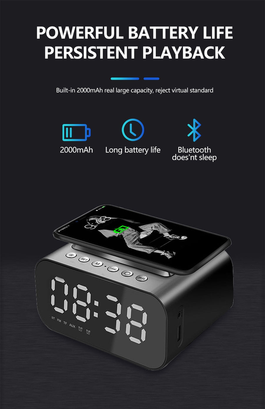 Wireless Dijital Alarm Clock Phone Charger Speaker - Image 1