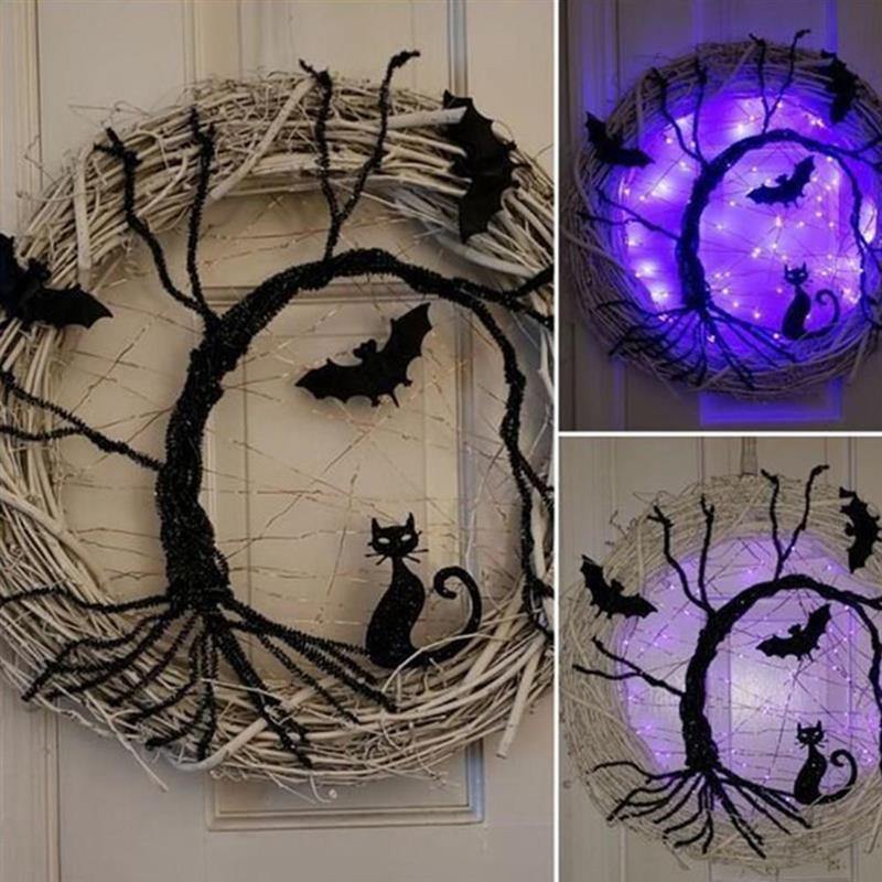 Black Bat Cat Halloween Door Wreath Led Light - Image 0