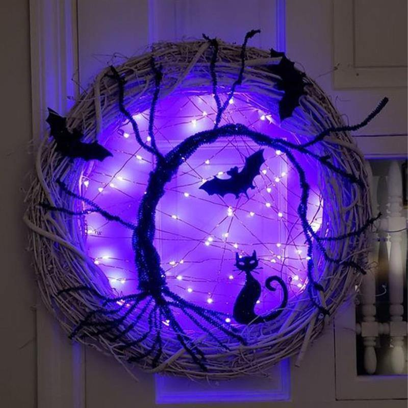 Black Bat Cat Halloween Door Wreath Led Light - Image 2