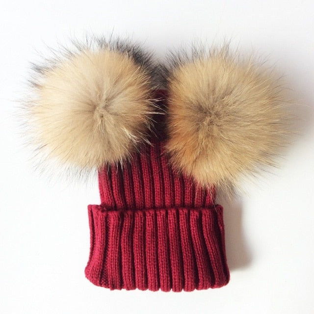 Baby Girl Hat Raccon Fur Two Ball Caps For Baby - Image 9