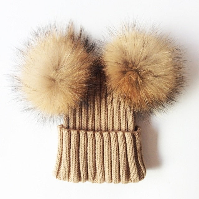 Baby Girl Hat Raccon Fur Two Ball Caps For Baby - Image 13