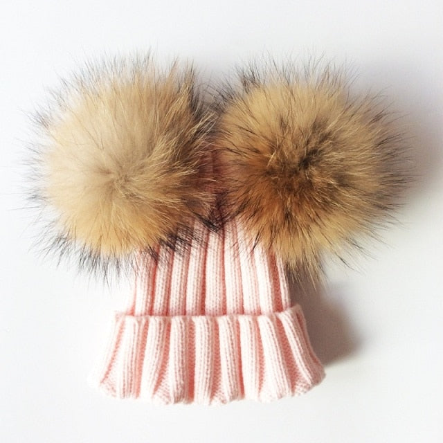 Baby Girl Hat Raccon Fur Two Ball Caps For Baby - Image 11