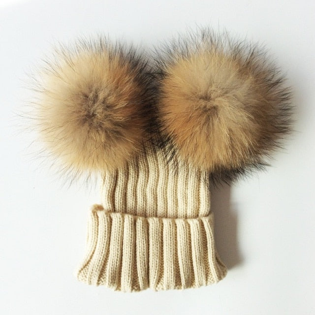 Baby Girl Hat Raccon Fur Two Ball Caps For Baby - Image 1