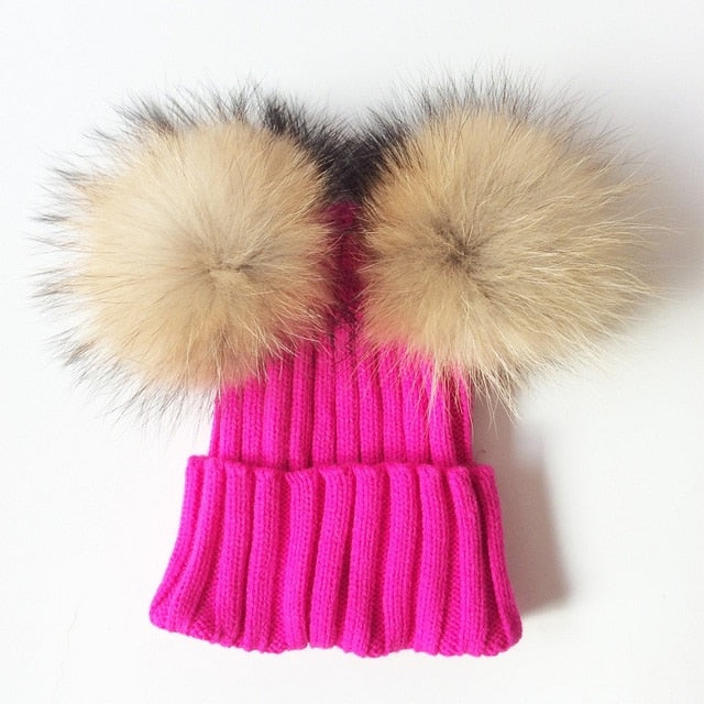 Baby Girl Hat Raccon Fur Two Ball Caps For Baby - Image 4