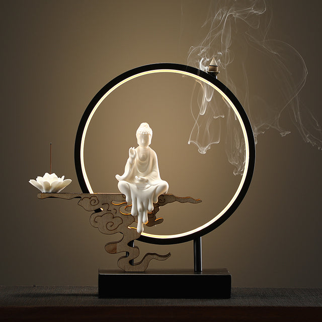 Lotus Buddha Ceramic Waterfall Incense Burner Lamp - Image 7