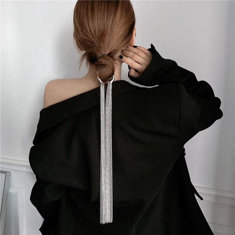 Hyperbole Silver Long Tassel Ponytail Hair Accessory - Image 2