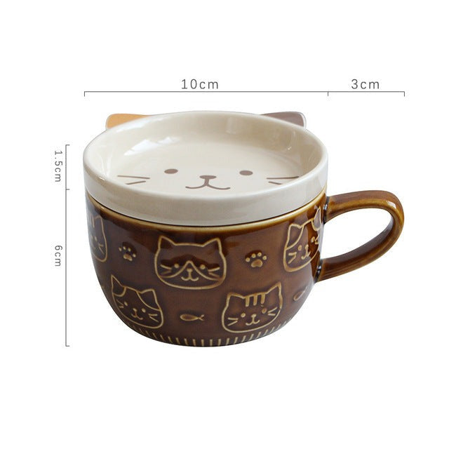 Japanese Ceramic Cat Breakfast Mug with Lid - Image 4