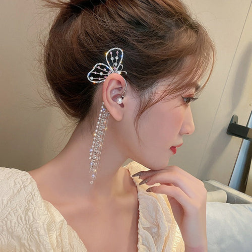 Crystal Butterfly Charm Long Tassels Earrings - Image 0