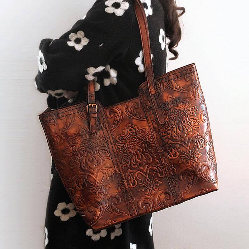 Handmade Vintage Genuine Leather Flower Pattern Women Bag - Image 0