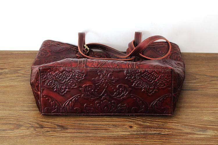 Handmade Vintage Genuine Leather Flower Pattern Women Bag - Image 3