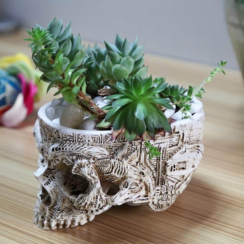 Hand Carved Skull Flower Pot Home Decoration - Image 1