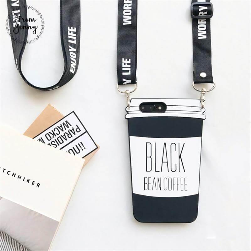 3D Silicon Black Coffee Cup Iphone Case With Strap - Image 0