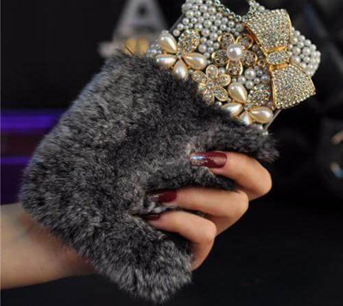 Crystal Diamond Bowknot Pearl Flower Rabbit Fur Iphone Case - Image 1