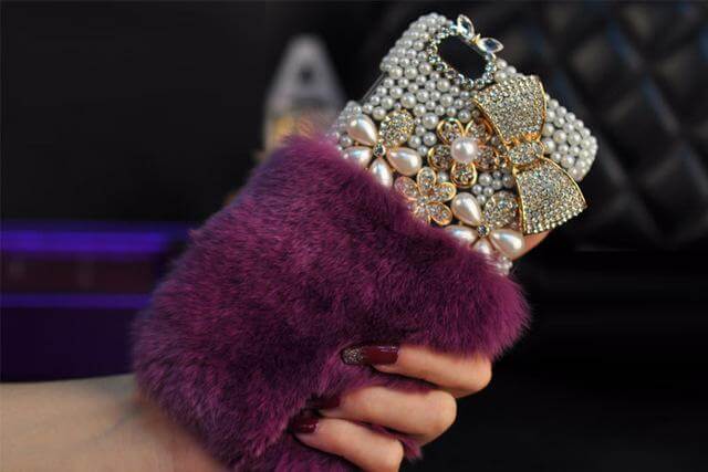 Crystal Diamond Bowknot Pearl Flower Rabbit Fur Iphone Case - Image 5