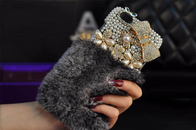 Crystal Diamond Bowknot Pearl Flower Rabbit Fur Iphone Case - Image 0