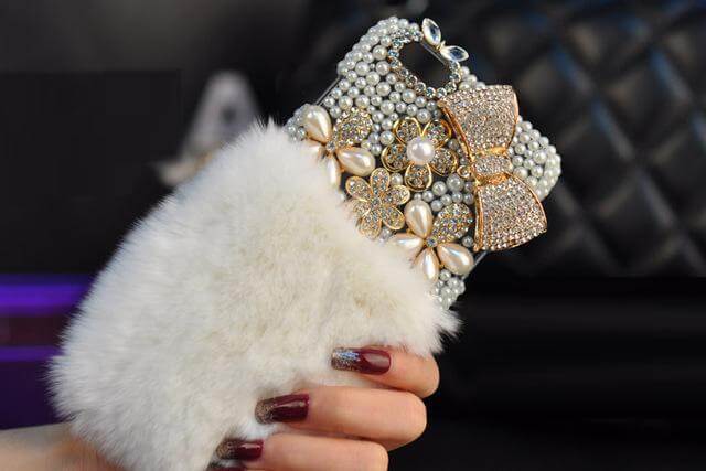 Crystal Diamond Bowknot Pearl Flower Rabbit Fur Iphone Case - Image 2