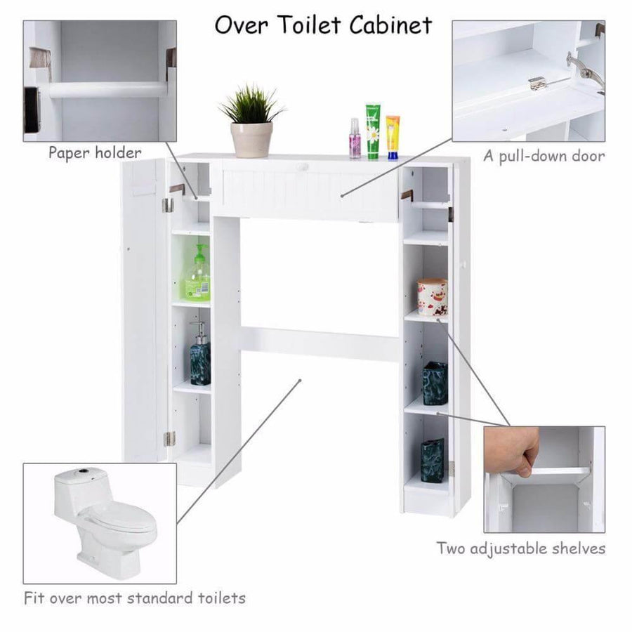 Wooden White Shelf Over The Toilet Storage Cabinet Drop Door Spacesaver Modern Bathroom Cabinets - Image 1