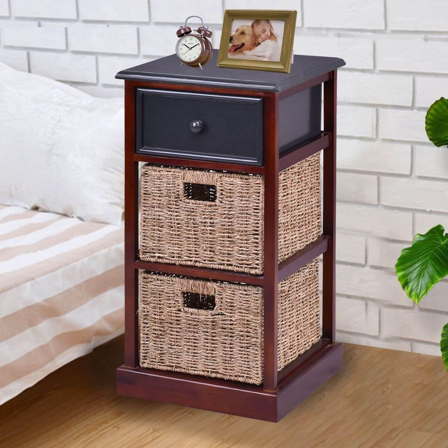 3 Tiers Wooden Nightstand with 1 Drawer 2 Baskets - Image 0