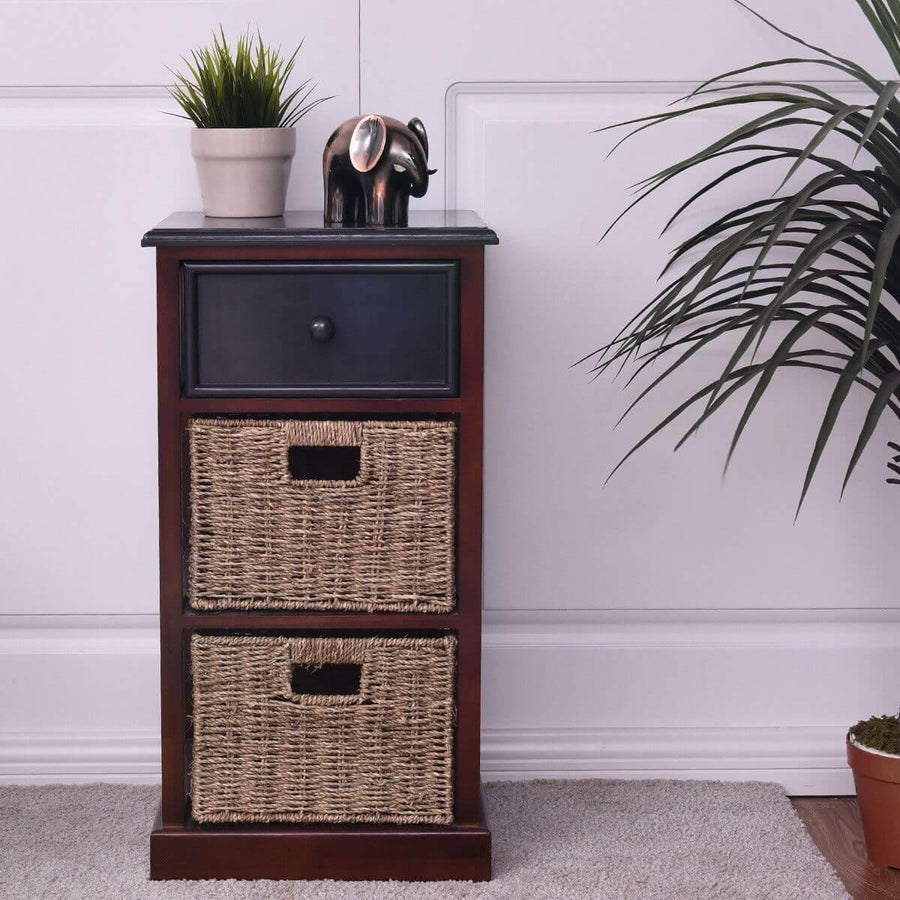 3 Tiers Wooden Nightstand with 1 Drawer 2 Baskets - Image 1