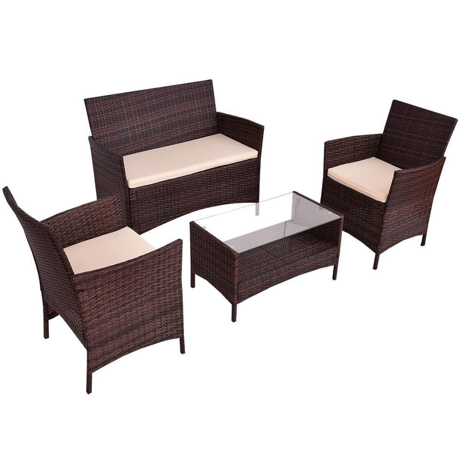 4PCS Outdoor Patio PE Rattan Wicker Coffee Table Shelf Modern Garden Sofa Furniture Set With Cushion - Image 5