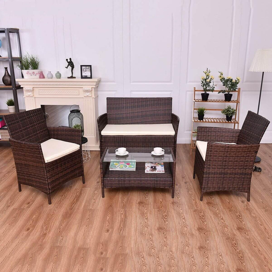 4PCS Outdoor Patio PE Rattan Wicker Coffee Table Shelf Modern Garden Sofa Furniture Set With Cushion - Image 4