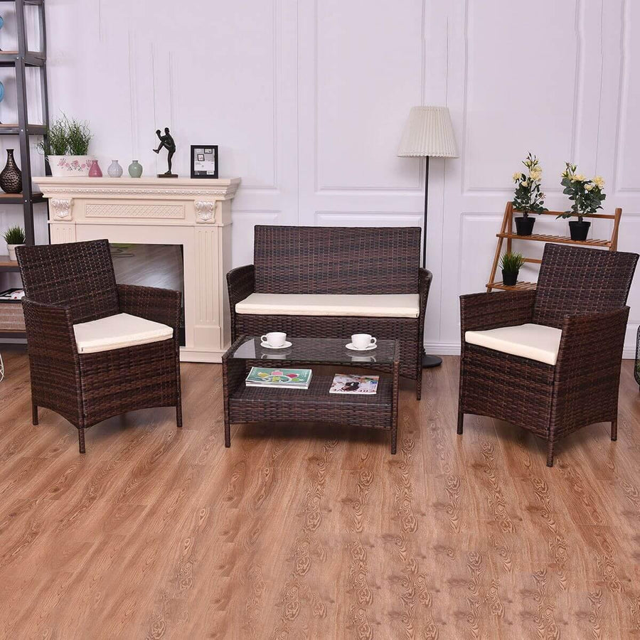 4PCS Outdoor Patio PE Rattan Wicker Coffee Table Shelf Modern Garden Sofa Furniture Set With Cushion - Image 3