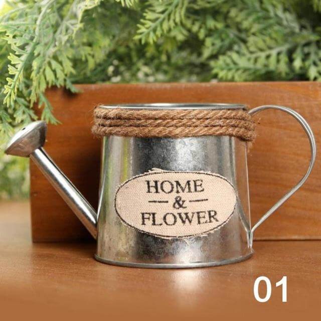 Vintage Mini Kettle Flowers Iron Bucket Vase - Image 3