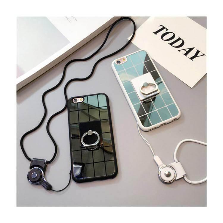 Simple Black White Plaid Mirror Iphone Cases with Strap - Image 0