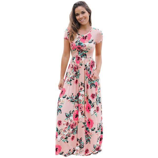 Women Bohemia Short Sleeve O Neck Floral Summer Dress - Image 4