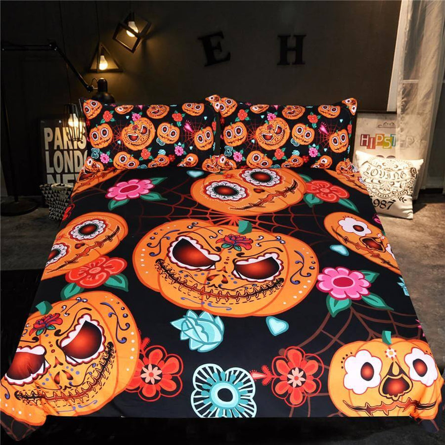 Halloween Pumpkin Flowers Duvet Cover Bedding Set - Image 1