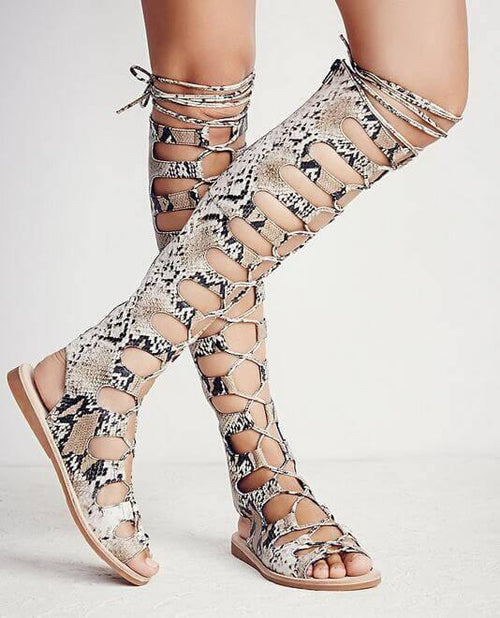 Snake Leather Strappy Cut-out Gladiator Boots - Image 0