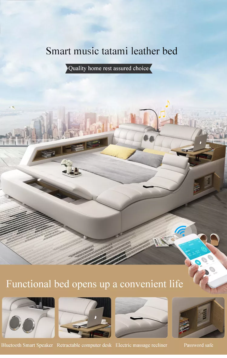 Luxury Leather Multifunctional Modern Bed Frame with Massage Chair - Image 1