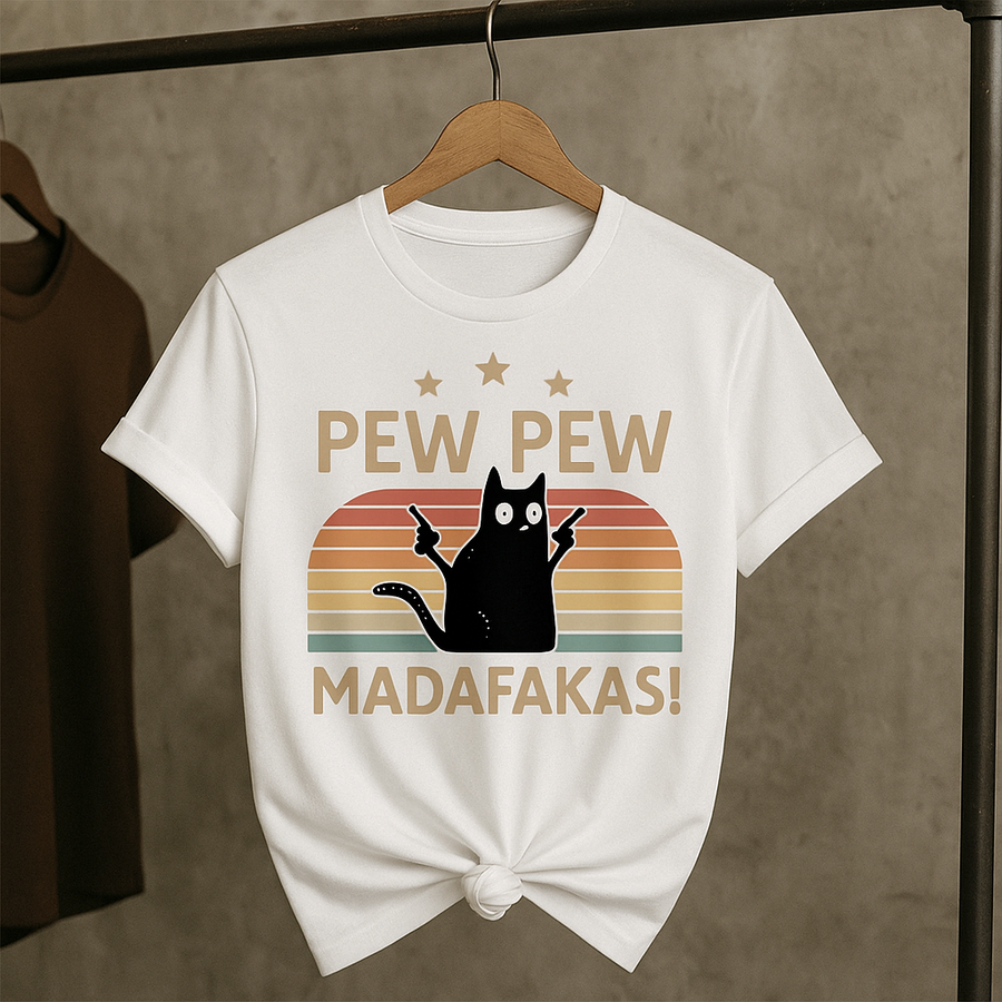 Pew Pew Funny Cat Retro T-Shirt - Image 4