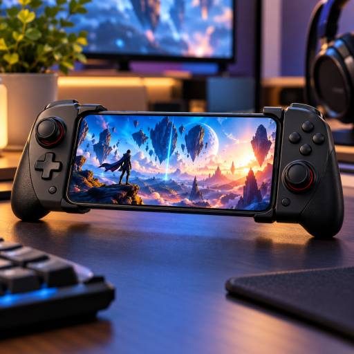 Smartphone secured in a compact mobile gaming grip on a clean desk
