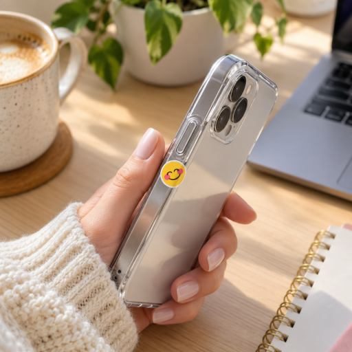 Clear phone case with a small smiling emoji sticker held above a tidy desk