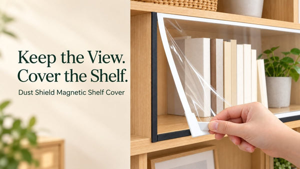 Flexible transparent magnetic shelf cover lifted at one corner beside the headline Keep the View. Cover the Shelf.
