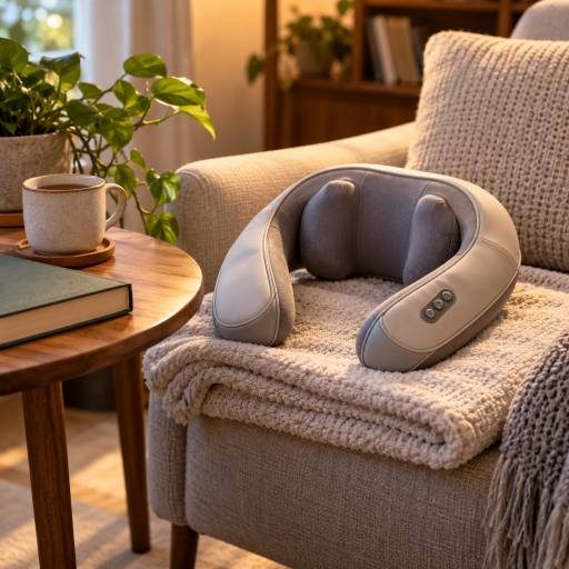 Electric neck massager placed on a folded towel in a calm home reading chair setting