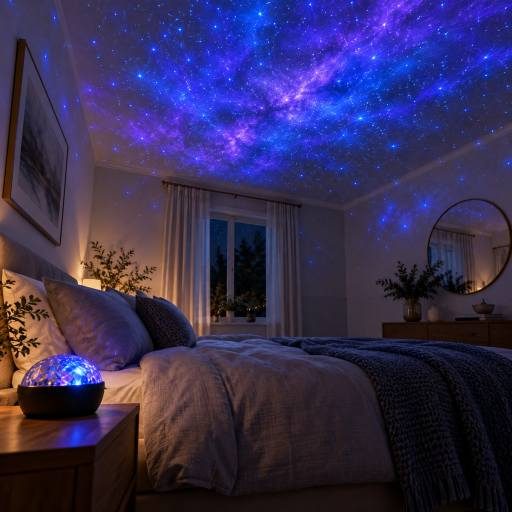 Astral LED projector casting a blue violet starfield across a calm bedroom ceiling