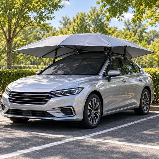Silver sedan protected by an umbrella-style retractable car cover in a sunny outdoor parking area