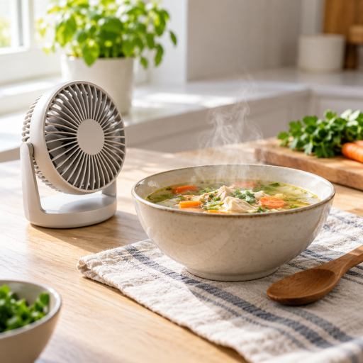 Food cooling fan beside a warm bowl of soup in a bright kitchen