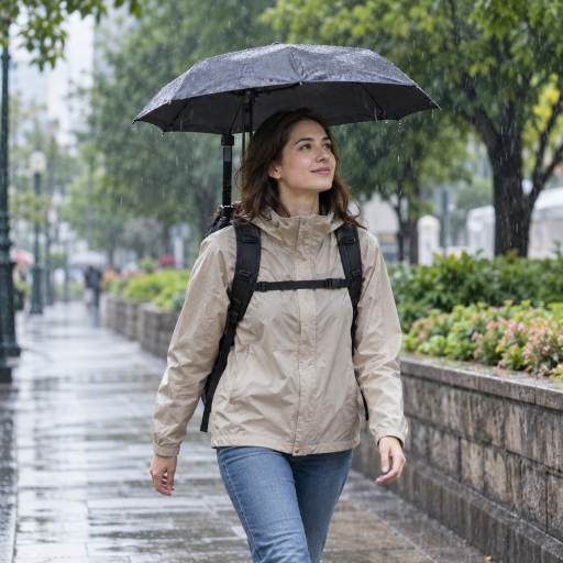 A traveller walking hands-free in rain with an umbrella mounted above a backpack
