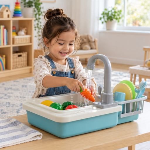 Child enjoying an interactive kitchen sink toy in a bright playroom