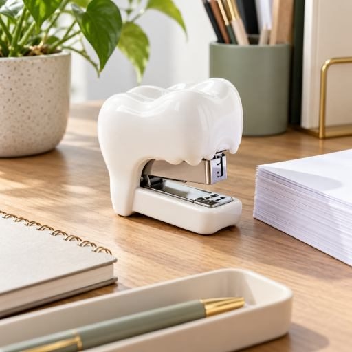 White tooth-shaped stapler on an organized wood desk with paper and stationery