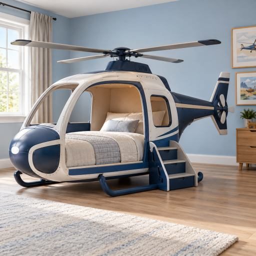 Blue and white helicopter-shaped child bed in a tidy bedroom with open floor space